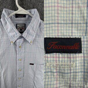 Faconnable Blue Pink All Cotton Check Button-Down USA Large Pocket Long Sleeve